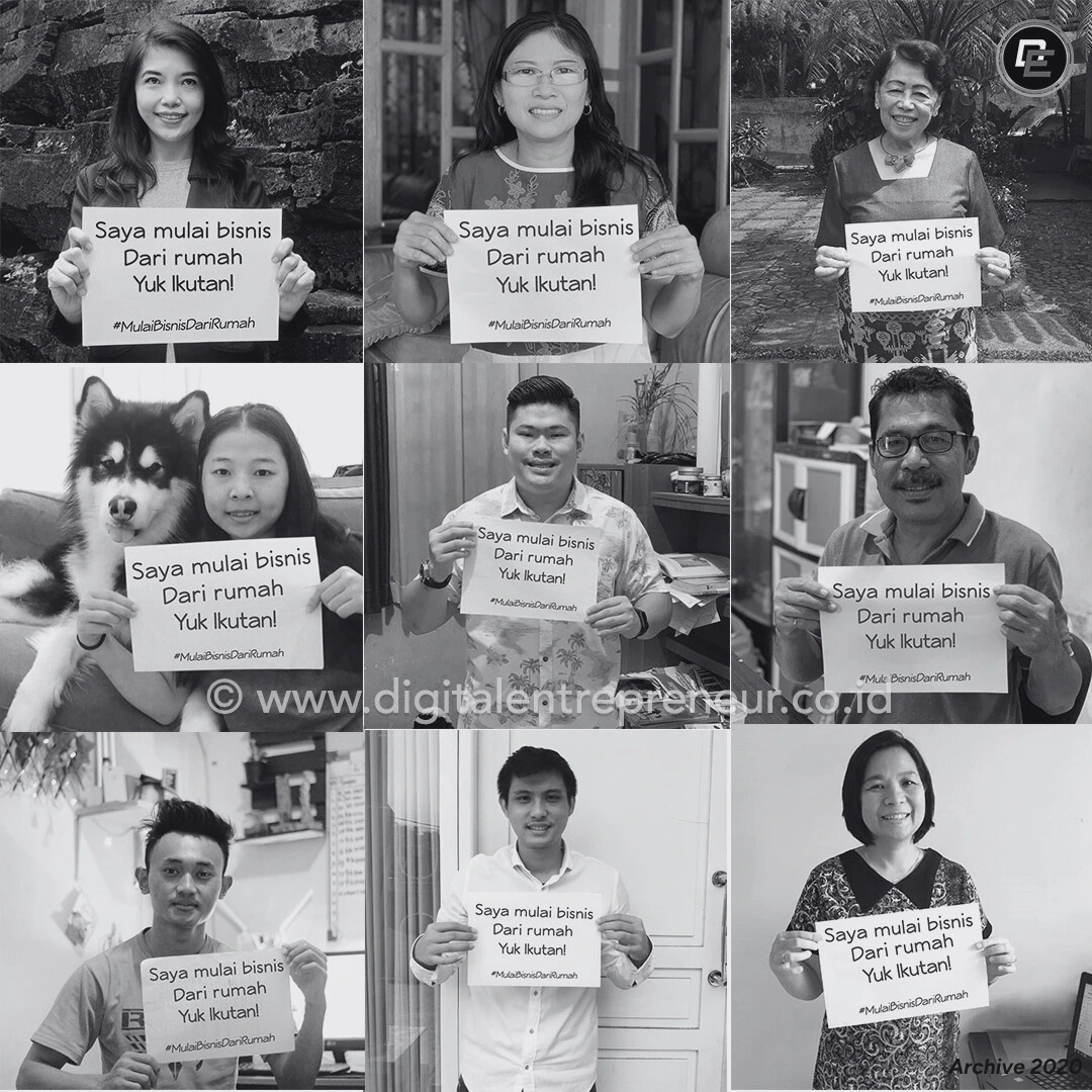 Orang-orang memegang plakat inisiatif bisnis dari rumah, arsip 2020.